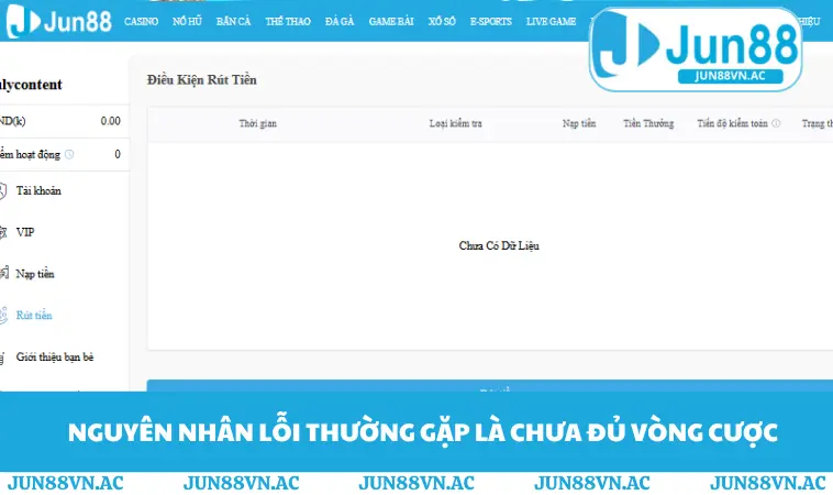 Rút Tiền JUN88 3 Nguyên nhân lỗi thường gặp là chưa đủ vòng cược